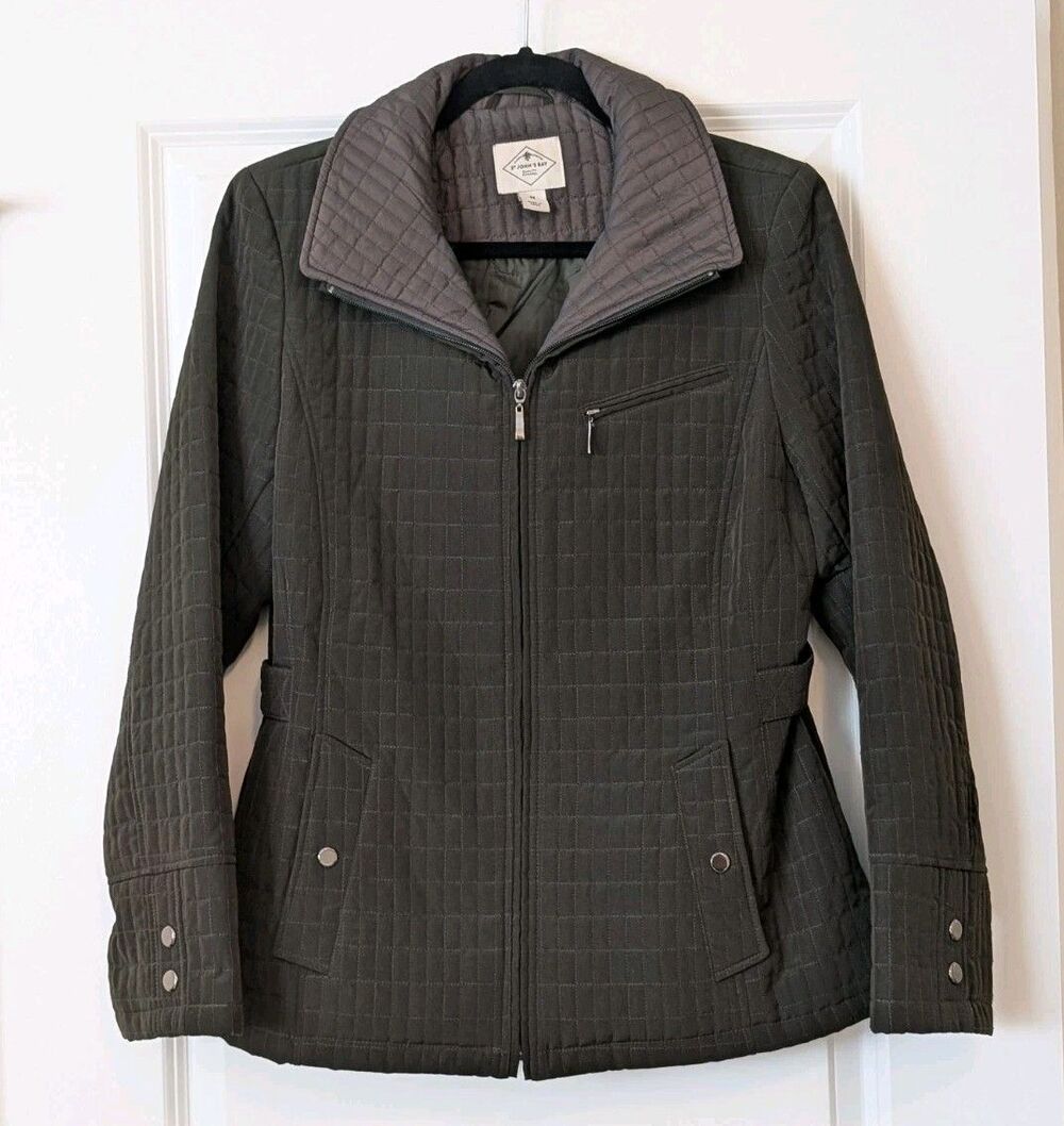 St Johns Bay Women's Size Medium Dark Green Quilted Full Zip Fall Barn Jacket